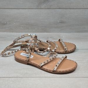 Steve Madden Women Travel Strappy Tan Studded Sandals Slide Flats Shoes Sz 7.5